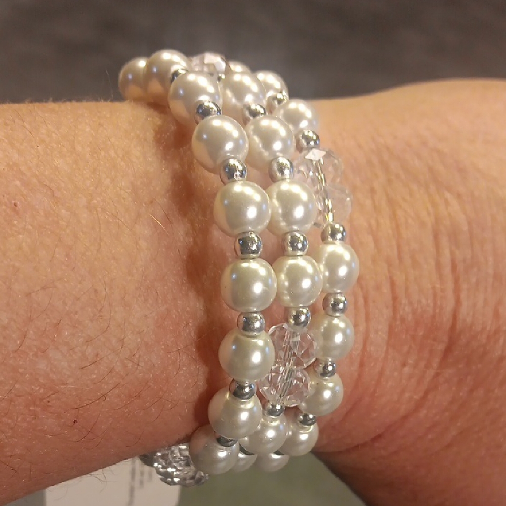 Lustrous Faux Pearl and Crystal Memory Wire Or Wrap Bracelet